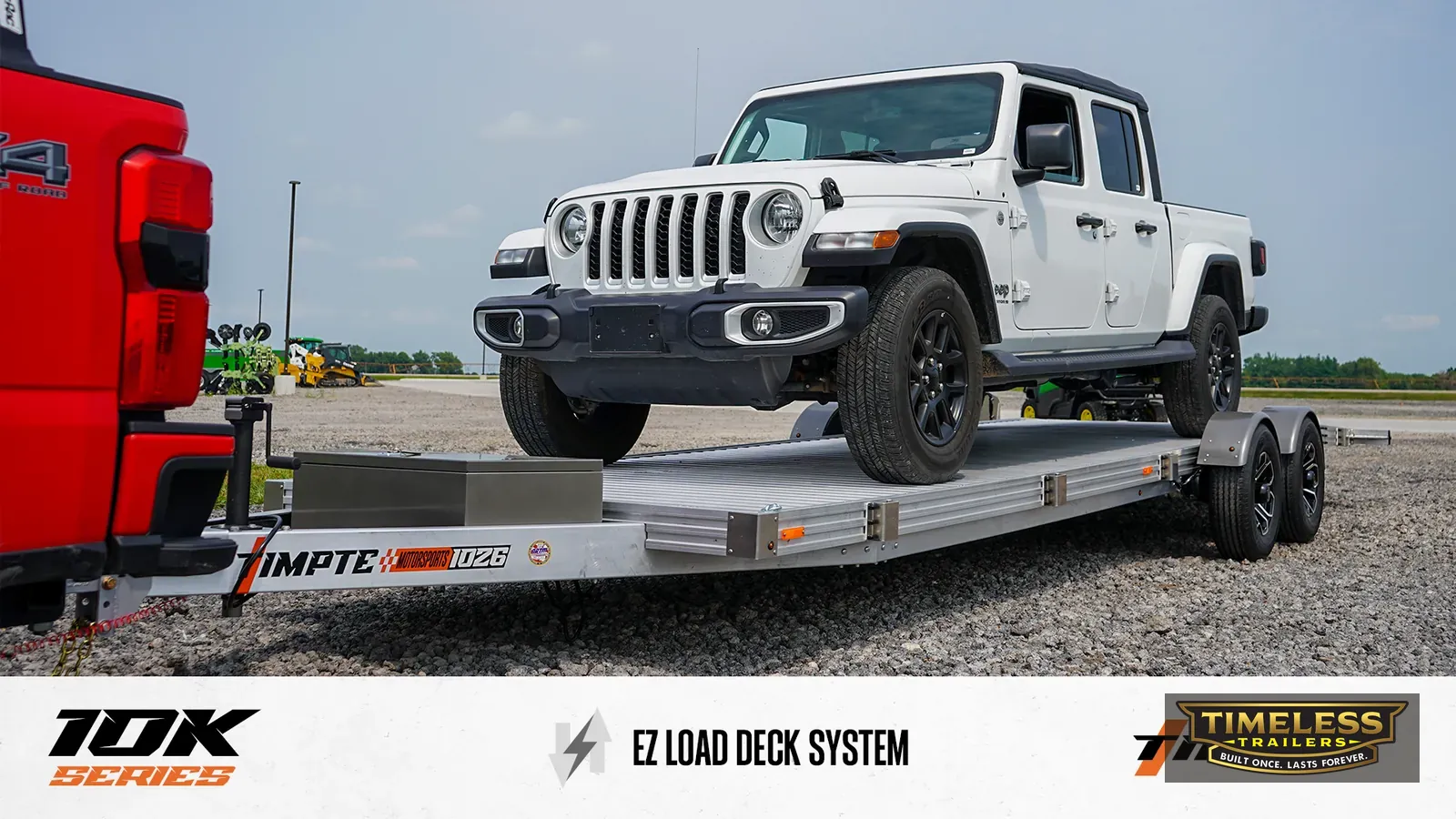 Timpte 1026 EZ Load with a white Jeep Gladiator loaded