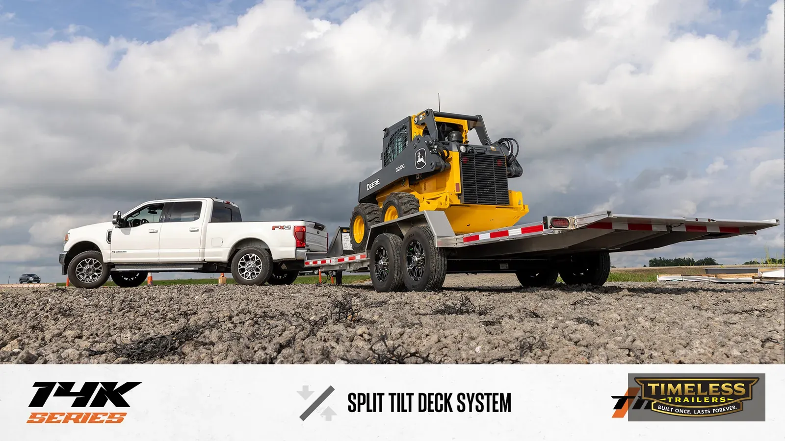 Timpte 1420 Split Tilt behind a pickup with the deck tilted and a skid steer driving on