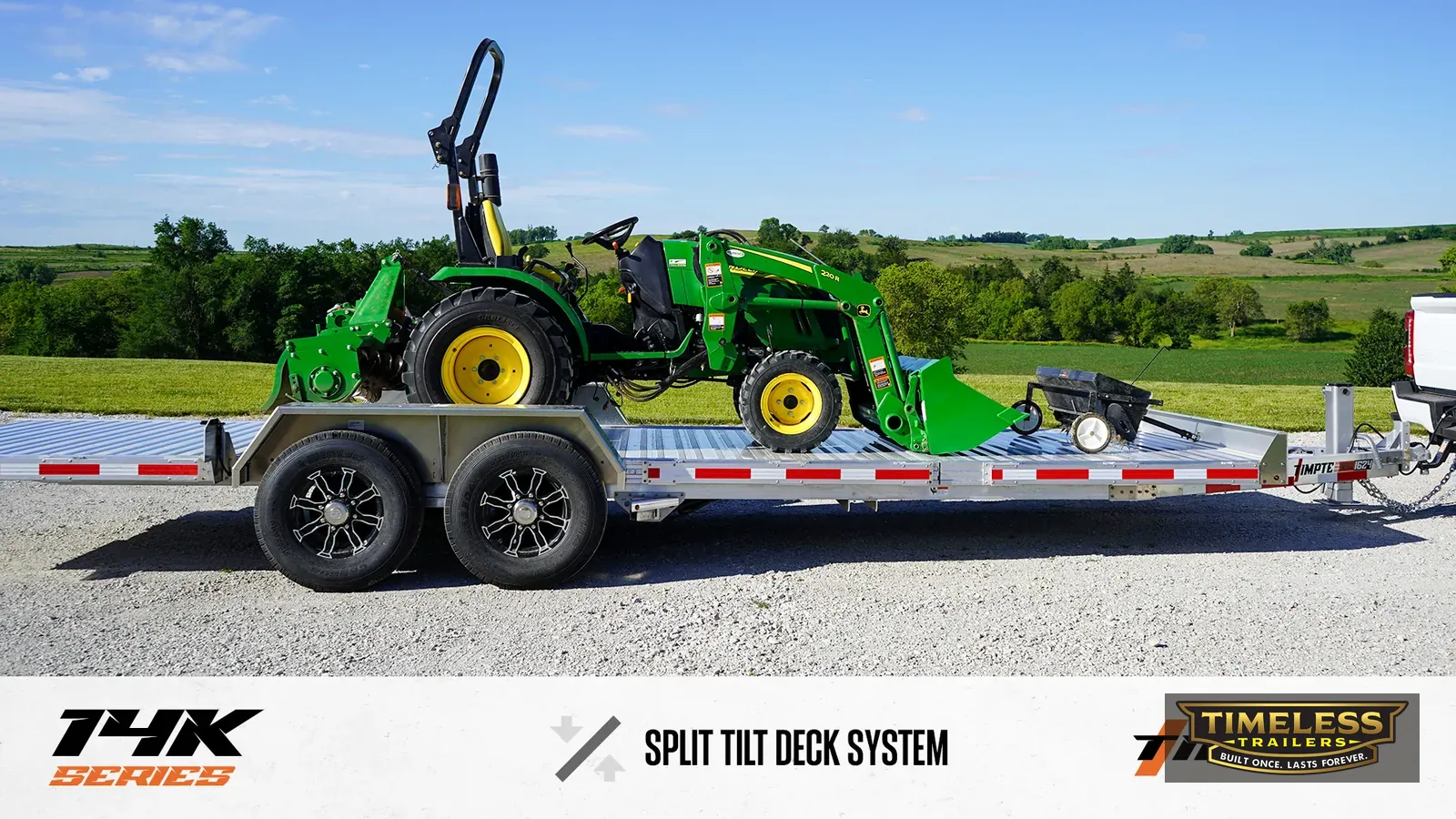 Timpte 1420 Split Tilt carrying a John Deere compact tractor with a loader