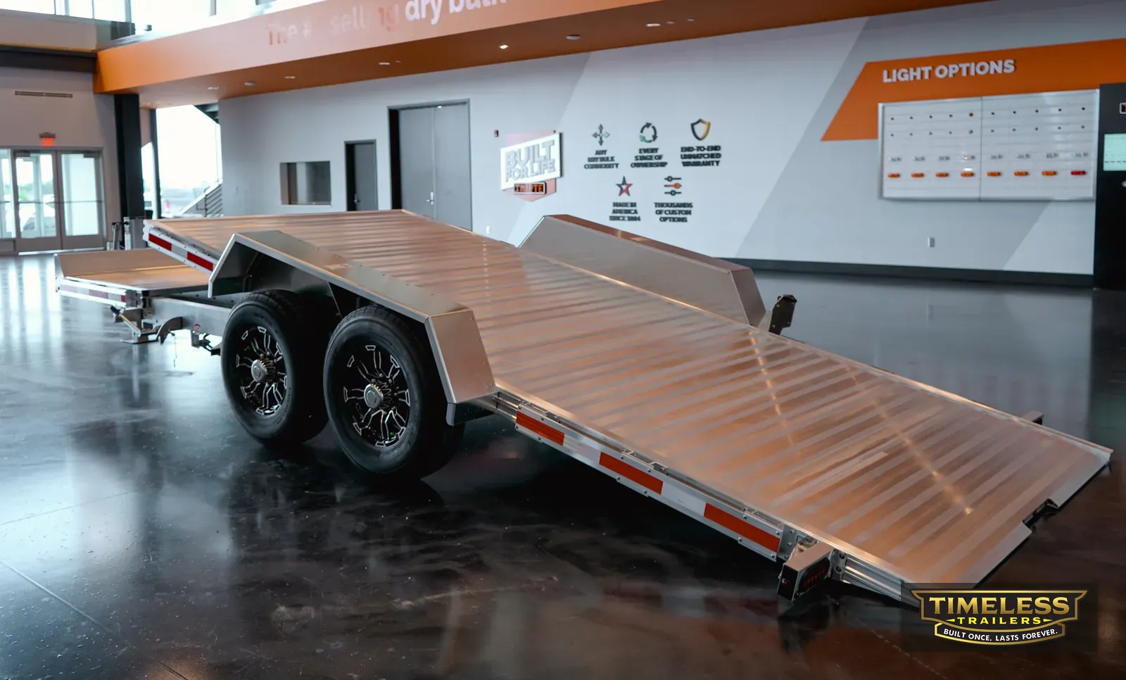 Timpte 1420 Split Tilt in the showroom with the tilt deck raised