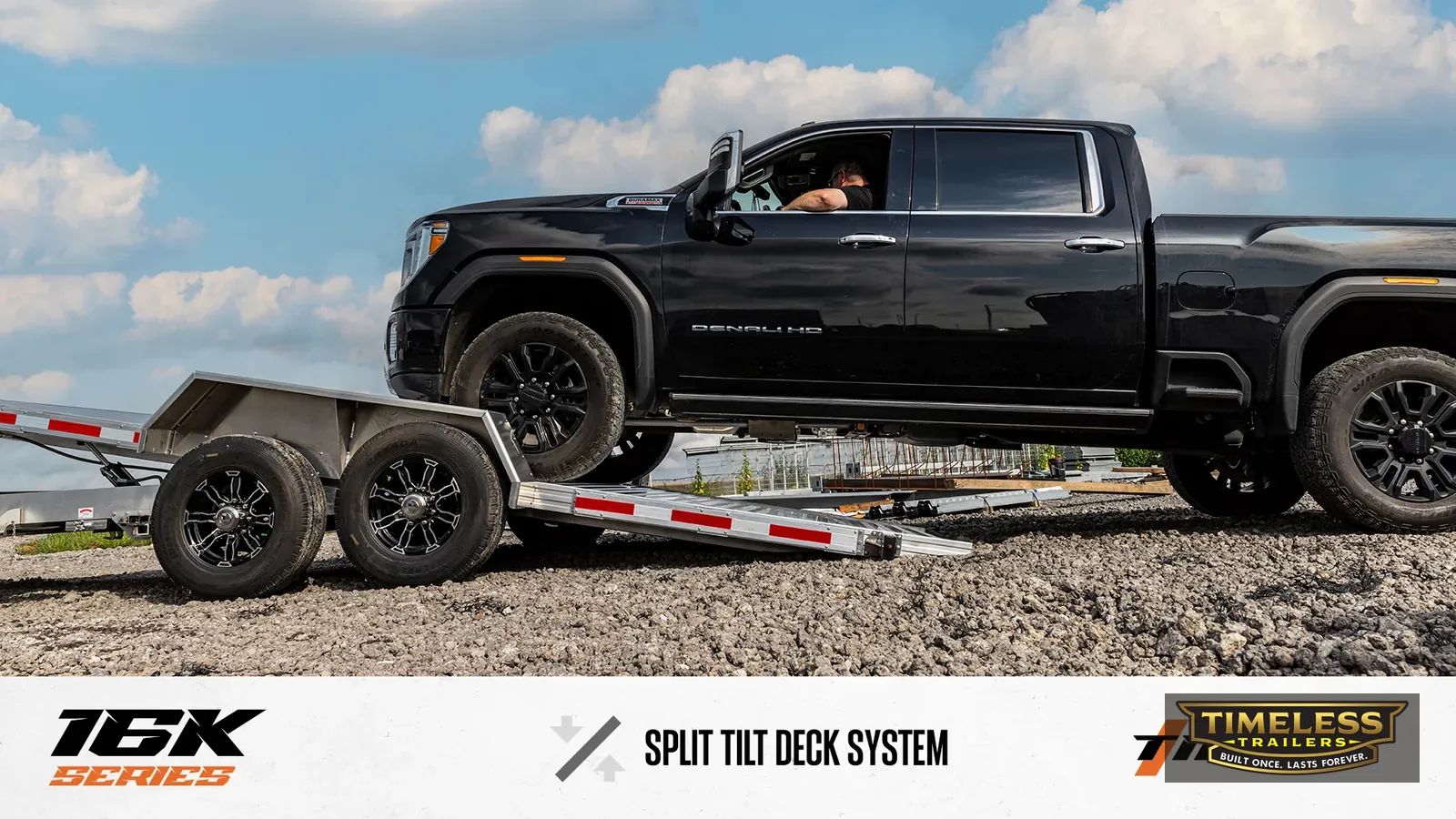 Timpte 1624 Split Tilt behind a black pickup with the deck tilted